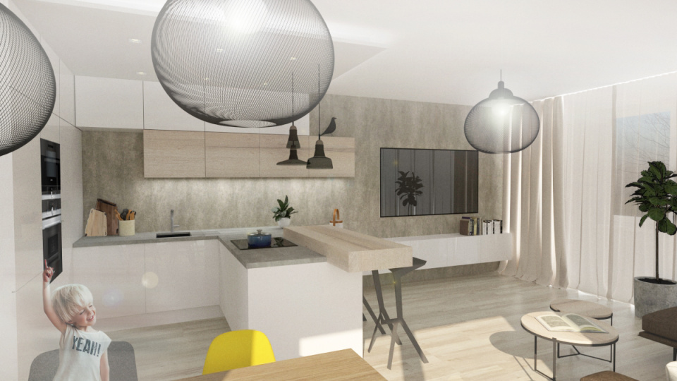 pohled do nově propojené obývací části pokoje a kuchyně od jídelního stolu | 1+1 atelier